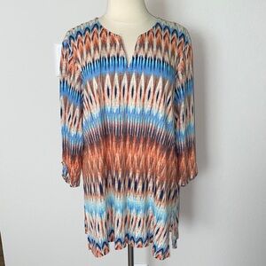 Chico's Blue and Orange Patterned Tunic 3/4 Sleeve